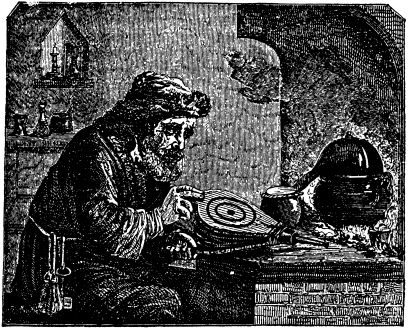 An engraving depicting a very guilty-looking alchemist. 