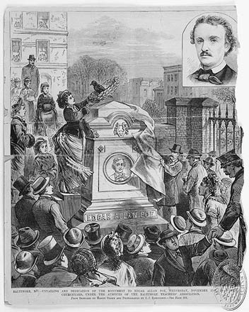 Poe's newer grave and funeral on Nov 17, 1875. The former grave only had a sand-stone block that read "No. 80" on it. 