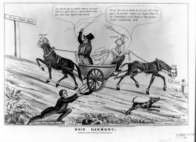 A comic called "Whig Harmony" - accosting the Whig leadership of 1840s America under President Taylor. 